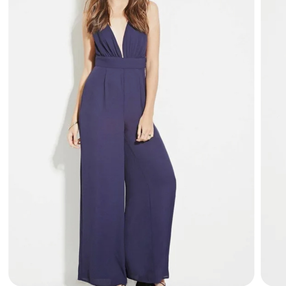 Forever 21 Navy Contemporary V-Neck Jumpsuit, M, Medium